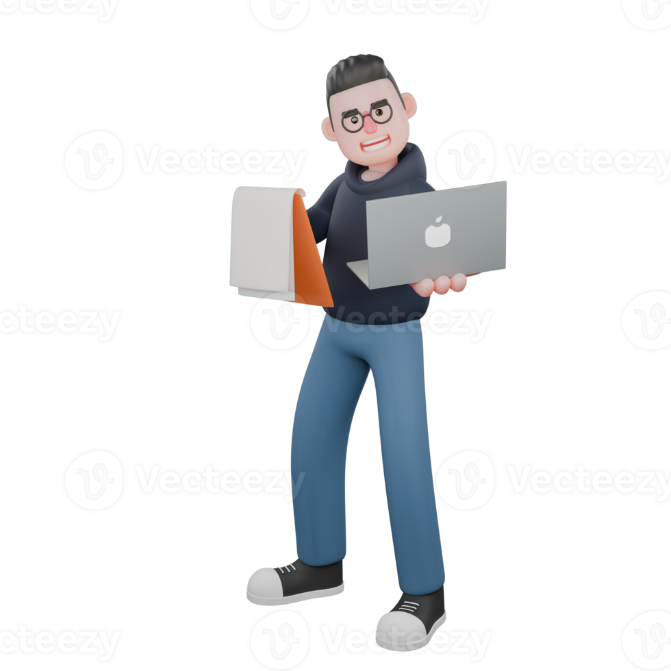 3D Model of Male Programmer7. A male programmer is standing with his right hand holding a note and his left hand holding an open laptop. Professional Developer png