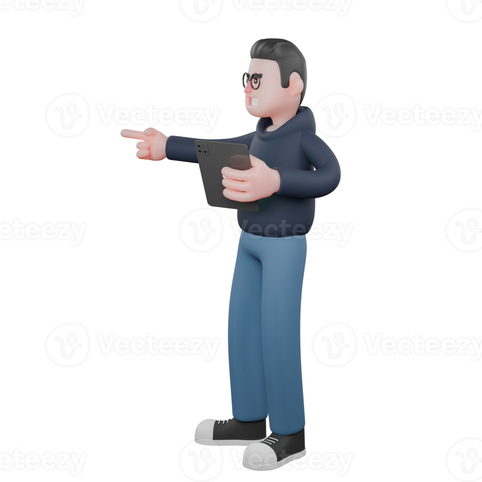 3D Male Programmer at Computer. A male programmer is standing holding a tablet in his left hand and pointing to the side with his right hand. Coding Task Cartoon png