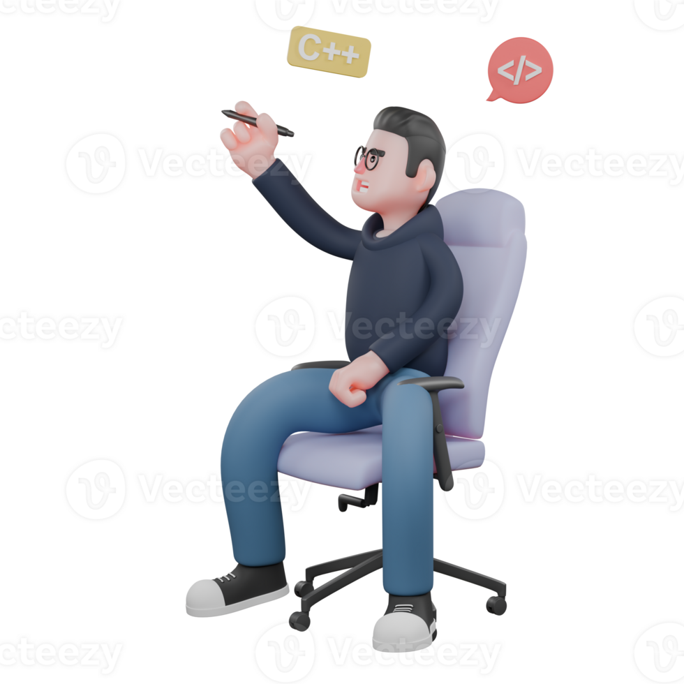 3D Tech Expert Programmer. A male programmer is sitting on a work chair with his right hand raised holding a pen and on the right and left sides above his head various formulas are visible. png