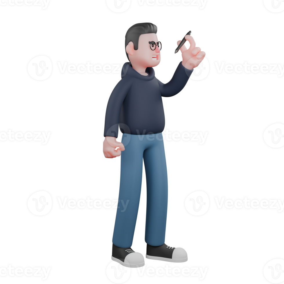 Male Home Office Programmer 3D. A male programmer is standing while observing a pen held by two fingers of his left hand. Professional Illustrated png