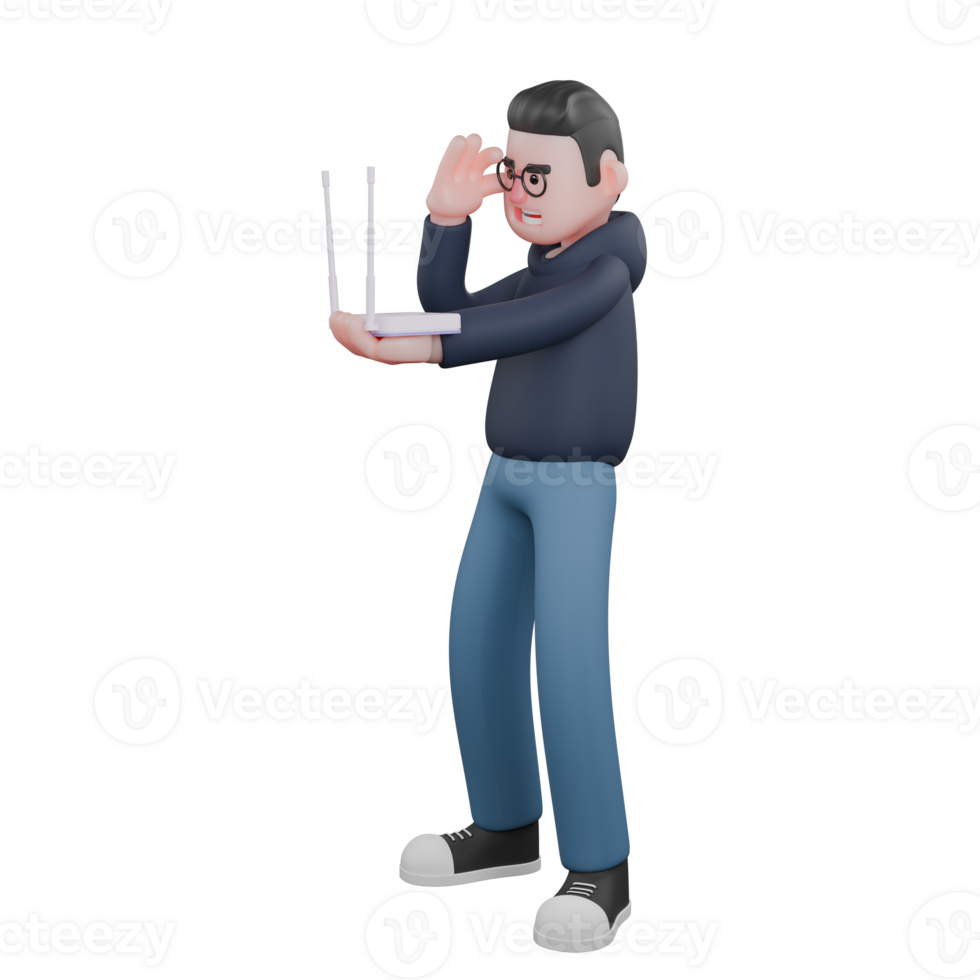 3D Professional in Programming. A male programmer is standing while his left hand is carrying a WiFi router while his right hand is holding the glasses he is wearing. Male Programmer png