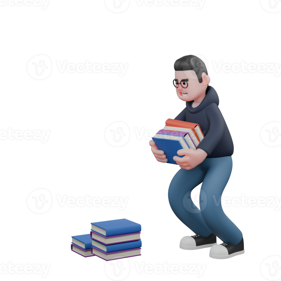 professionell manlig programmerare. en manlig programmerare är hukande ner till ta 4 stackar av böcker från flera stackar i främre av honom. 3d tech illustrerade png