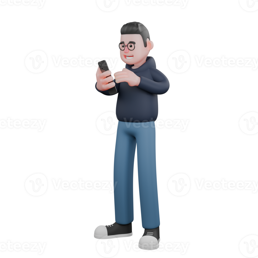 maschio Tech 3d animazione. un' maschio programmatore è in piedi di fronte giusto Tenere un' cellulare nel il suo mani. programmatore png
