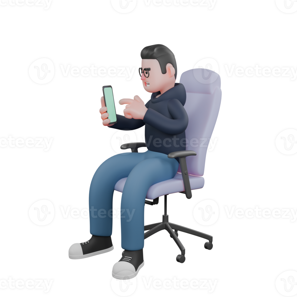 3D Tech Practitioner. A male programmer is sitting relaxed in his office chair while his left hand is holding a cellphone while his left index finger is operating it. Male Programmer png