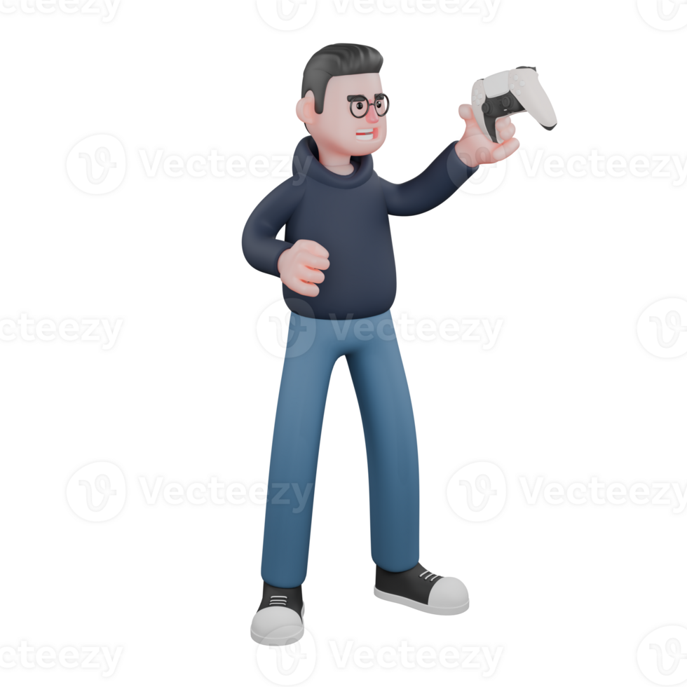 3D Male Programmer Character. A male programmer is standing while observing a game stick held in his left hand while his right hand is slightly bent forward. Tech Professional png