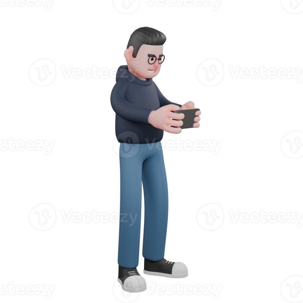 Illustrated of Male Tech Professional. A male programmer is standing facing left holding a cellphone horizontally with both hands. 3D Programmer png