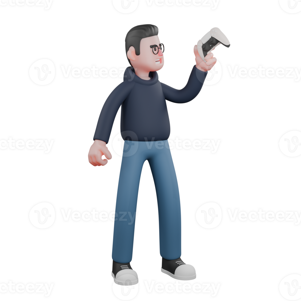 Animated Professional Programmer. A male programmer is standing while observing a game stick held in his left hand. 3D Male png