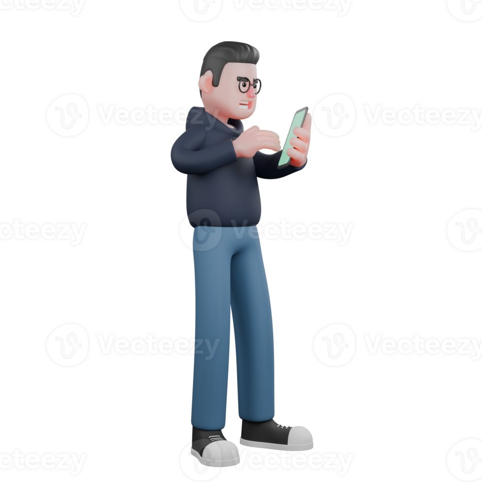Cartoon Professional Programmer. A male programmer is standing facing left holding a cellphone in his left hand. 3D Male png