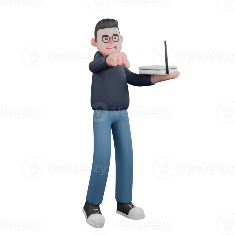 Male Programmer 3D Illustrated. A male programmer is standing holding a wifi router in his left hand. Professional png