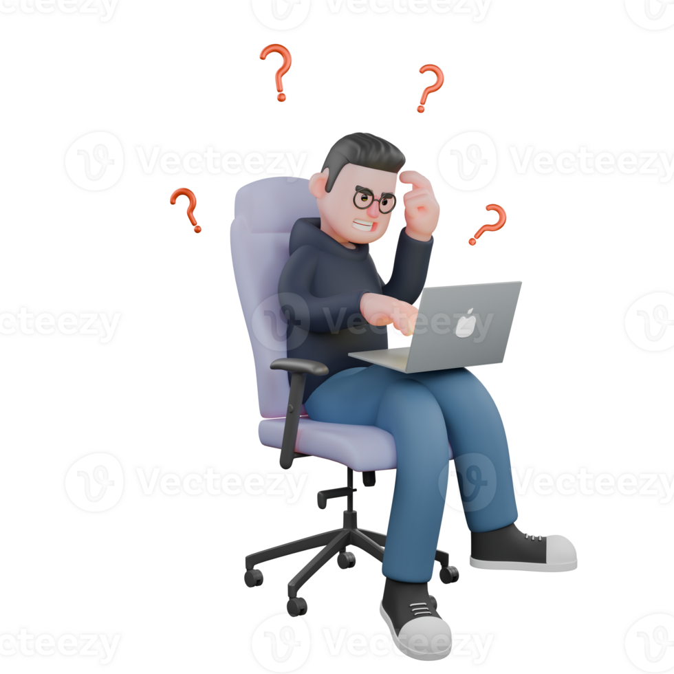 3D Male Programmer in Office. A male programmer is sitting between question mark symbols holding a laptop on his thigh and his left hand is on his head and his right hand is on the laptop. png