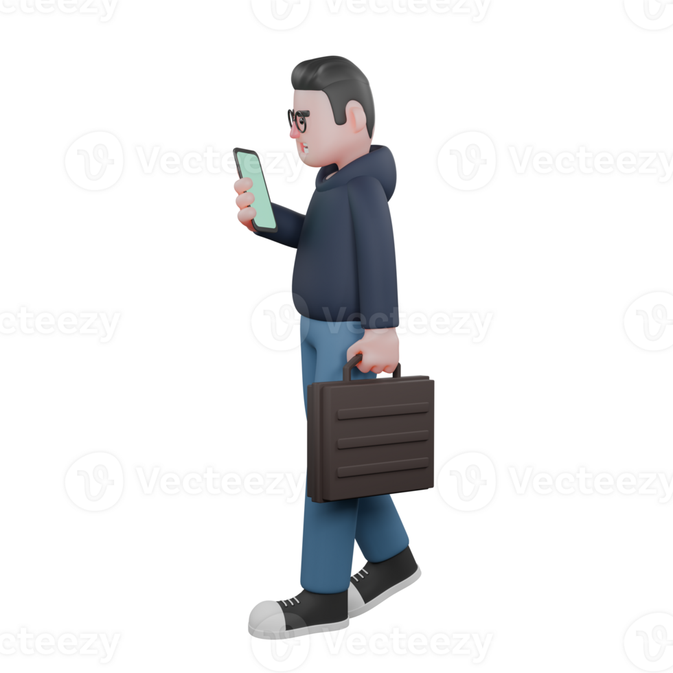 tech manlig programmerare. en manlig programmerare promenader innehav en mobiltelefon i hans rätt hand och en portfölj i hans vänster hand. 3d professionell karaktär png