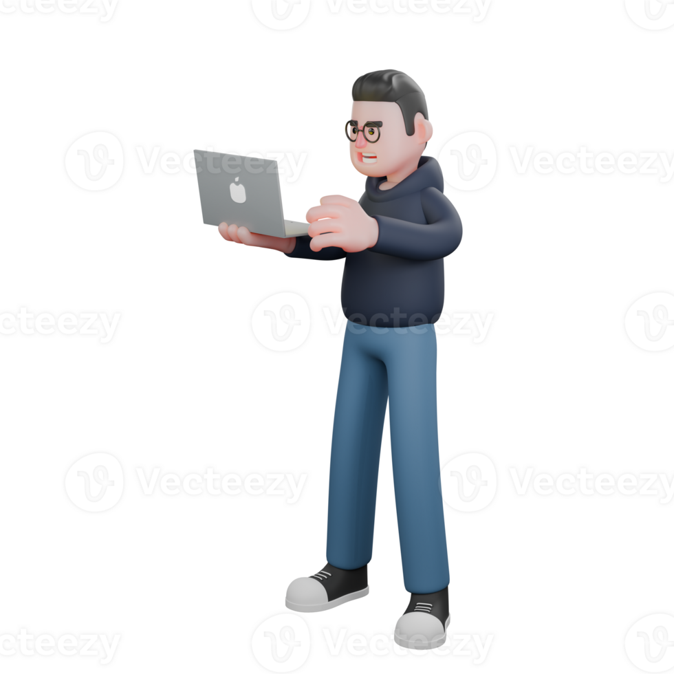 Professional Programmer in 3D. A male programmer stands holding a laptop in his right hand and his left hand is beside the laptop. Male png