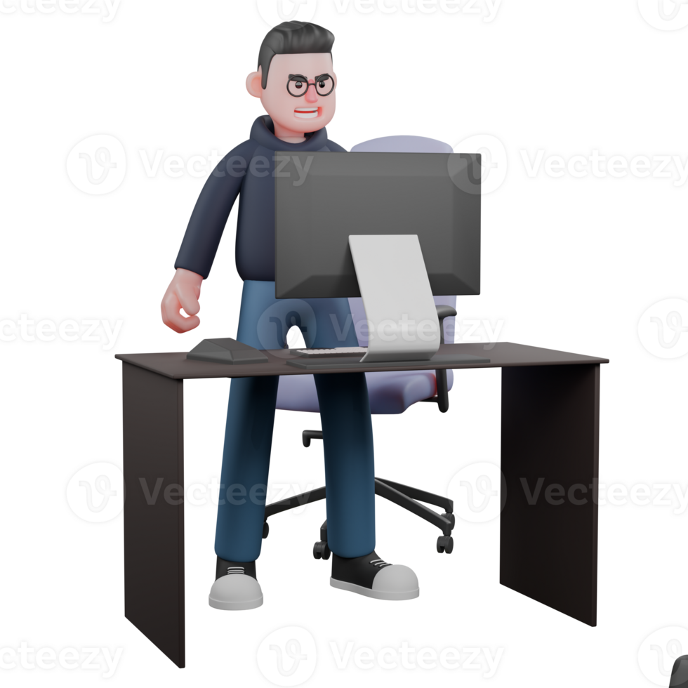 Male Programmer Professional Character. A male programmer stands in front of a desk with an angry expression. 3D Illustrated png