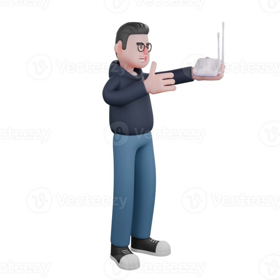 Tech Professional Male. A male programmer stands holding a wifi router in his left hand and his right hand in front of his chest. 3D Programmer Cartoon png