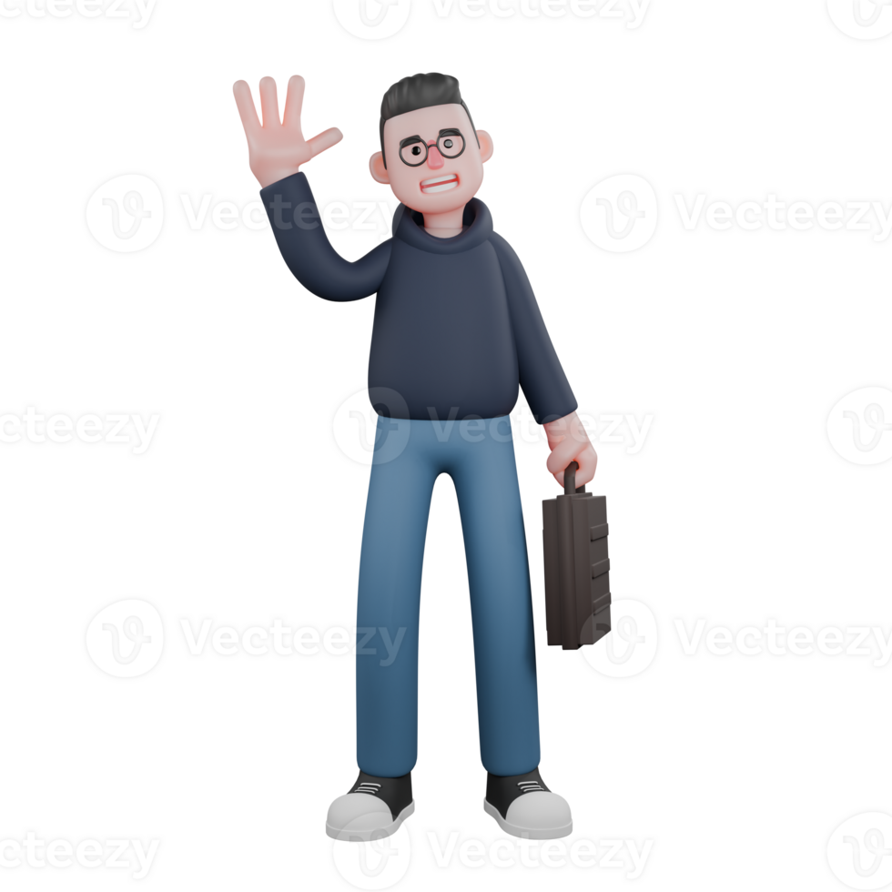 3D Model of Professional Male Programmer. A male programmer stands holding a briefcase in his left hand and his right hand raised as if greeting. Tech Character png