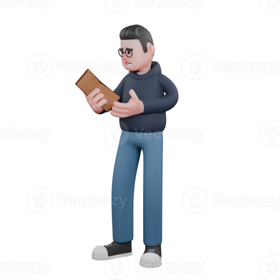 3D Programmer Male in Professional Setting. A male programmer is standing with his right hand carrying a wallet and his left hand raised as if he wants to take something in the wallet. Tech png