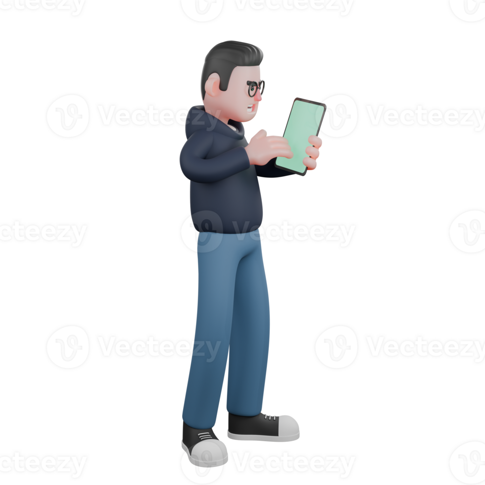 3D Male Programmer Tech Illustrated. A male programmer is standing with his left hand holding a tablet while his right hand operates it. Professional png