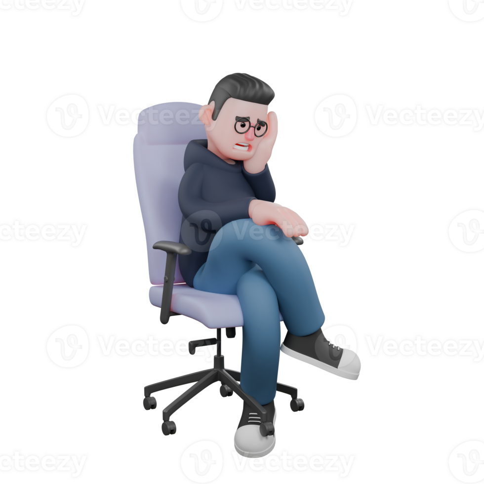 A male programmer is sitting on a work chair with his legs crossed and his left palm supporting his head while his right hand is on his knee, as if he is sad or imagining something. 3D Male Programmer png
