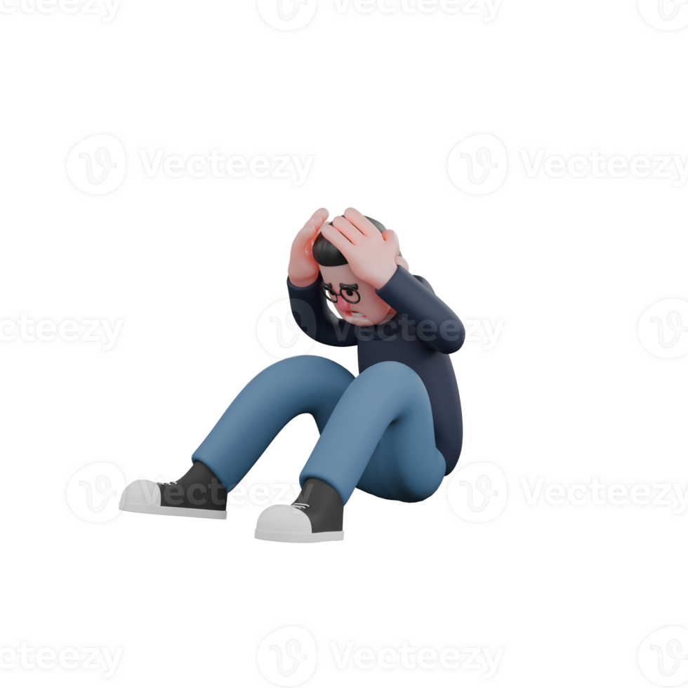 Professional Tech Male. A male programmer is sitting without a mat with both legs bent forward and both hands holding his head, as if he is panicking or having a headache. 3D Programmer Illustrated png