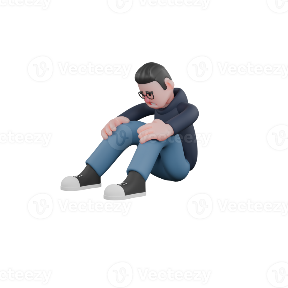 Male Programmer 3D Professional. A male programmer is sitting with his head down with both legs bent in front of him and both hands resting on his knees, as if he is sad or regretful. Tech Cartoon png