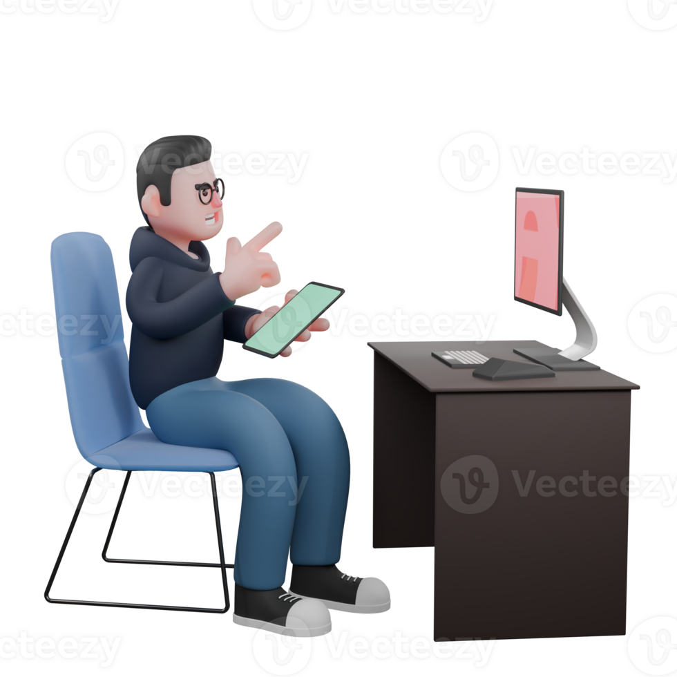 3D Male Programmer. A male programmer is sitting on his desk chair with a monitor screen on top and his left hand is holding a tablet while his right hand is pointing towards the monitor screen. png