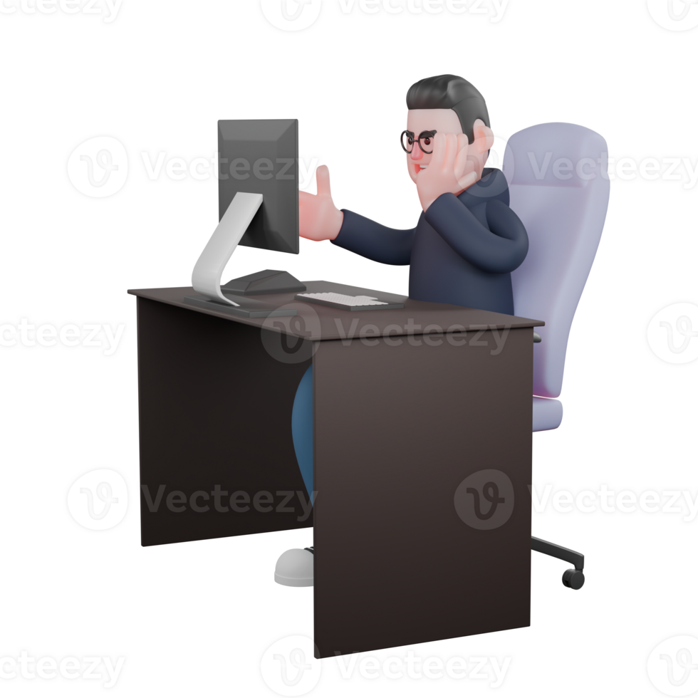 Male Programmer at Tech 3D. A male programmer is sitting on his work chair and his right hand is visible on the table and his left hand is on his cheek. Professional Character png