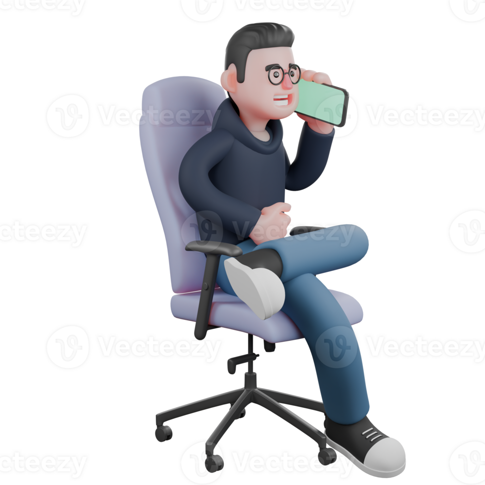 Professional Male Programmer in 3D Animation. A male programmer is sitting on his work chair while his left hand answers a phone call while his right hand is holding his stomach. Tech png