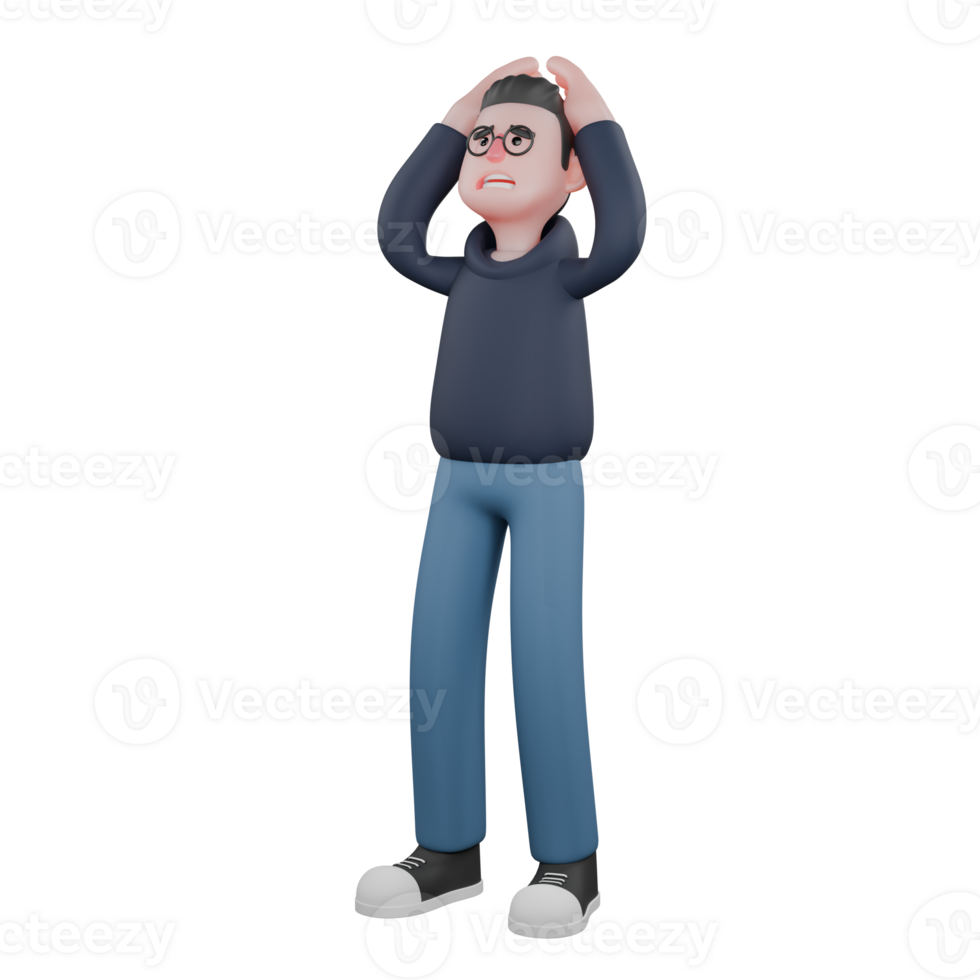 3D Male Tech Character. A male programmer is standing while his two hands are holding his head. Programmer Professional png