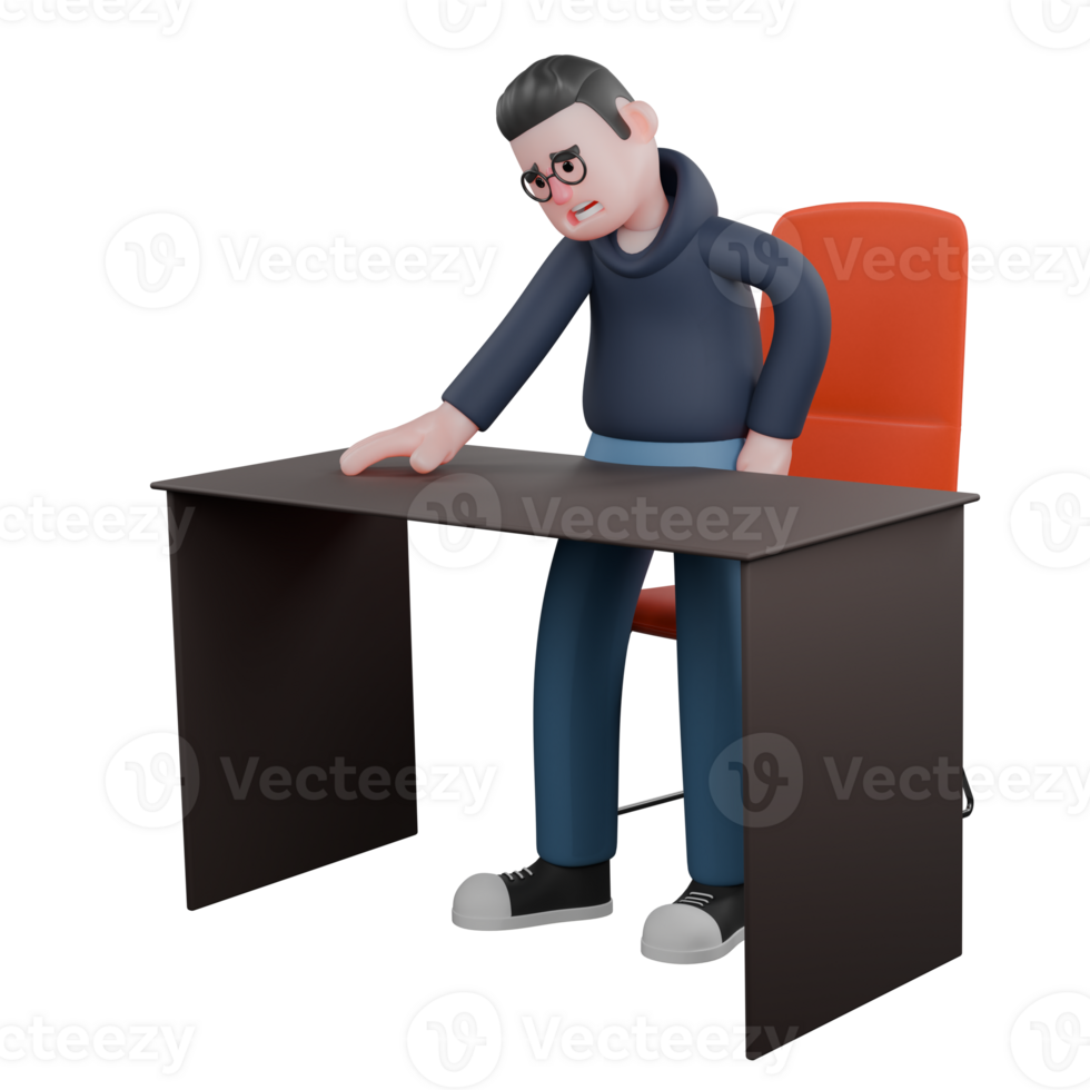Male Programmer in Tech 3D. A male programmer is standing from his work chair and his right hand is visible on the table and his left hand on his waist. Professional Character png