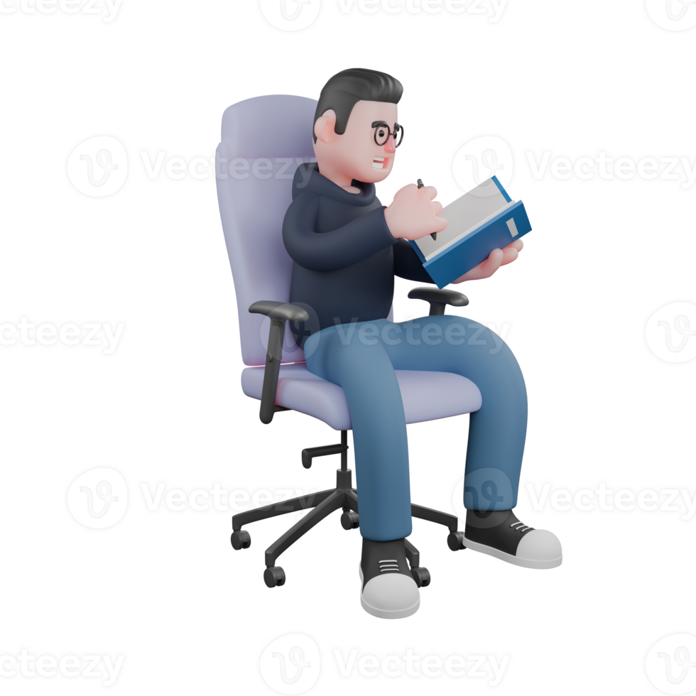 Illustrative 3D Male Programmer. A male programmer is sitting while writing on a blue table held by his left hand. Professional png