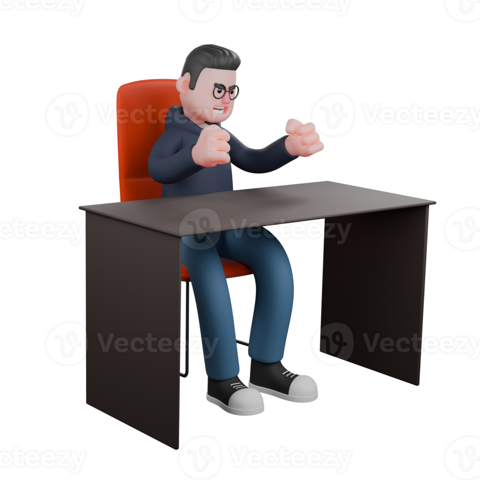 3D Male Programmer in Action. A male programmer is sitting on his desk chair while his hands are clenched on the table. Professional Tech png