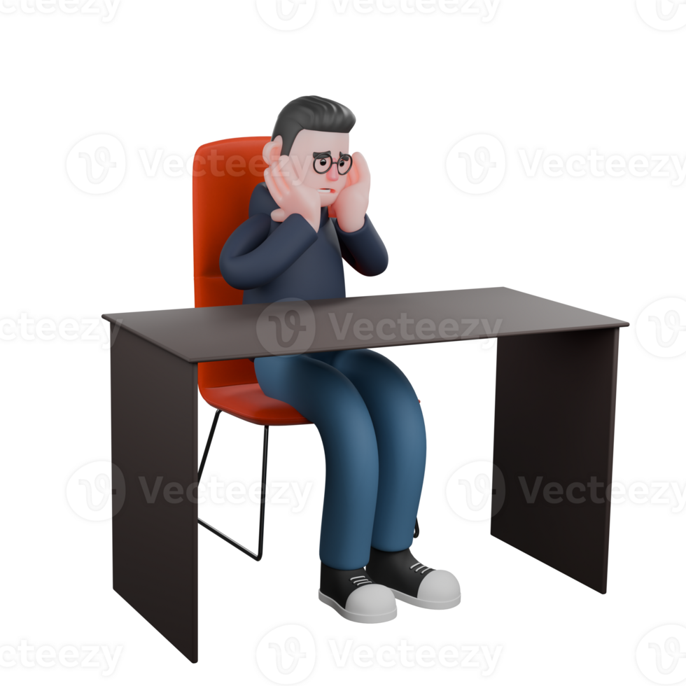 Programmer in 3D. A male programmer is sitting on his desk chair with both hands holding his cheeks. Male Professional png