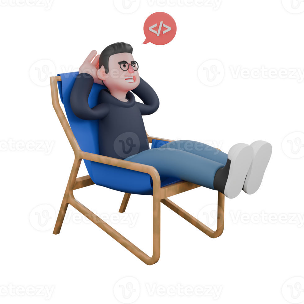 A male programmer is sitting leaning back on a lounge chair with his legs straight forward while both hands are beside his head while above the front of his head a formula symbol can be seen png