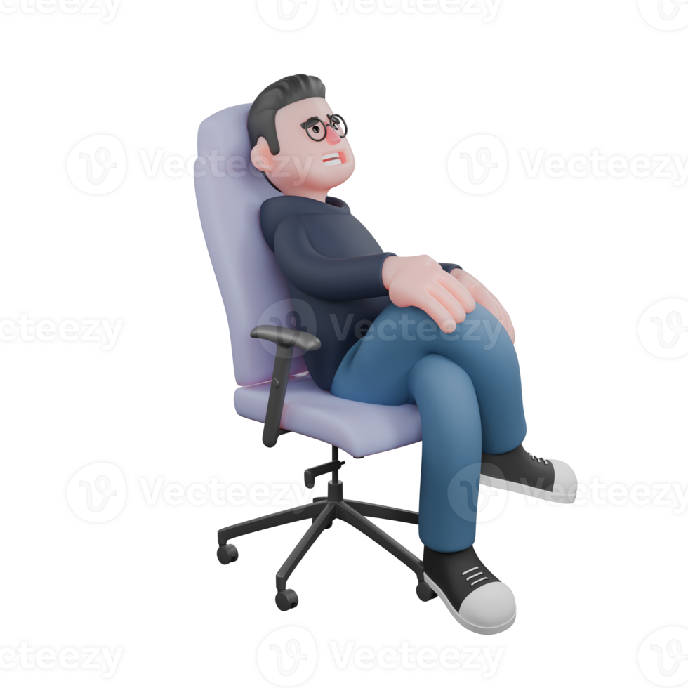 3D Tech Programmer Male. A male programmer is sitting on the work chair with his legs crossed while his right hand is on his knees. Professional Illustrated png