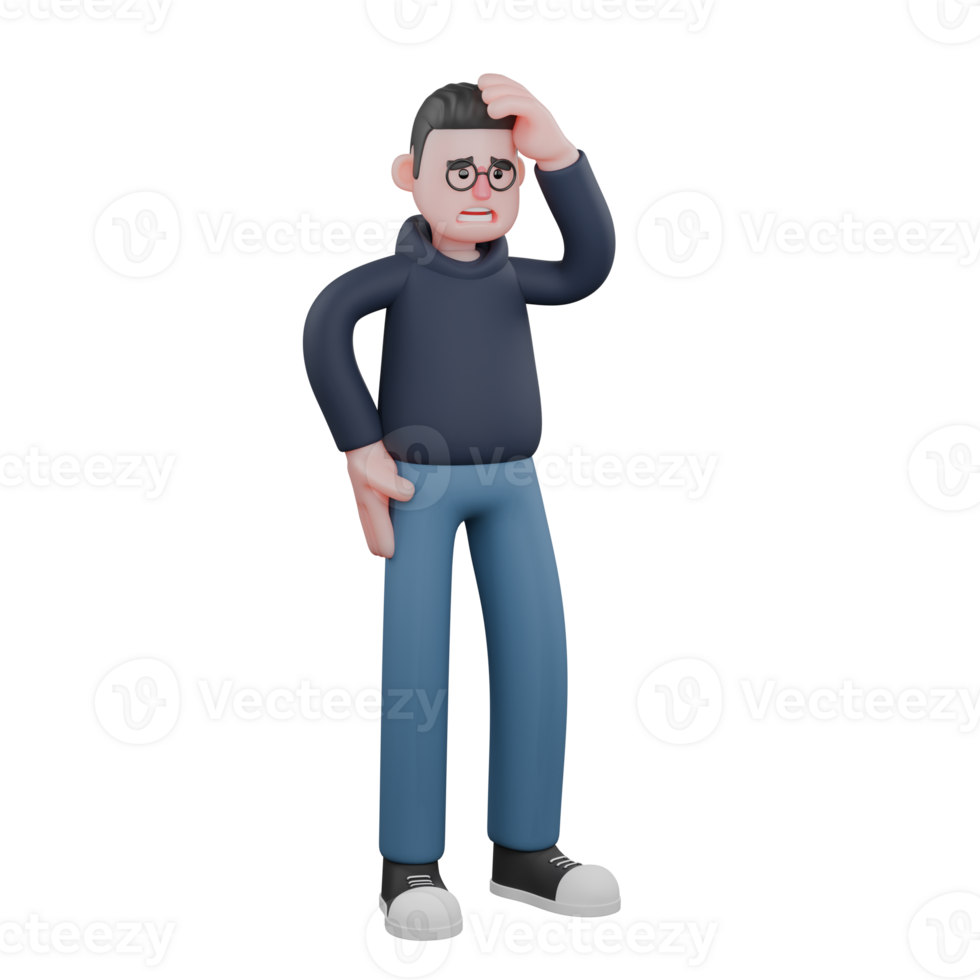 3D Illustrated of Professional Male Programmer. A male programmer is standing with his left hand holding his head and his right hand is on his waist. Tech png