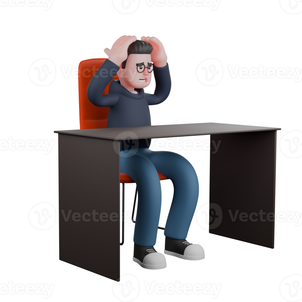 Cartoon Illustrated of a Male Programmer. A male programmer is sitting on his desk chair with both hands on his head. Male Professional Programmer png
