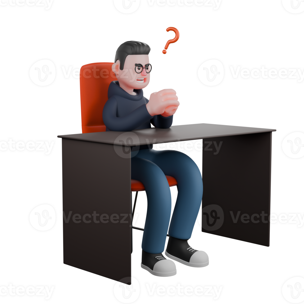 Cartoon ilustrated. A male programmer is sitting on his desk chair while both hands are clasped together and in front of his head there is a question mark symbol. Programmer in 3D png