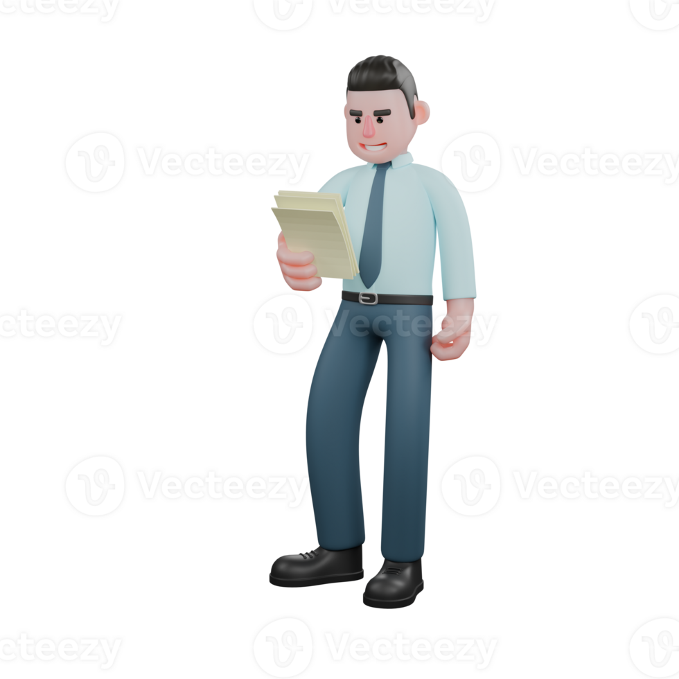 3D Cartoon Investment Analyst. A male financial analyst stands holding a sheet of paper in his right hand and his head is lowered towards the sheet of paper. Financial Sector Scene png