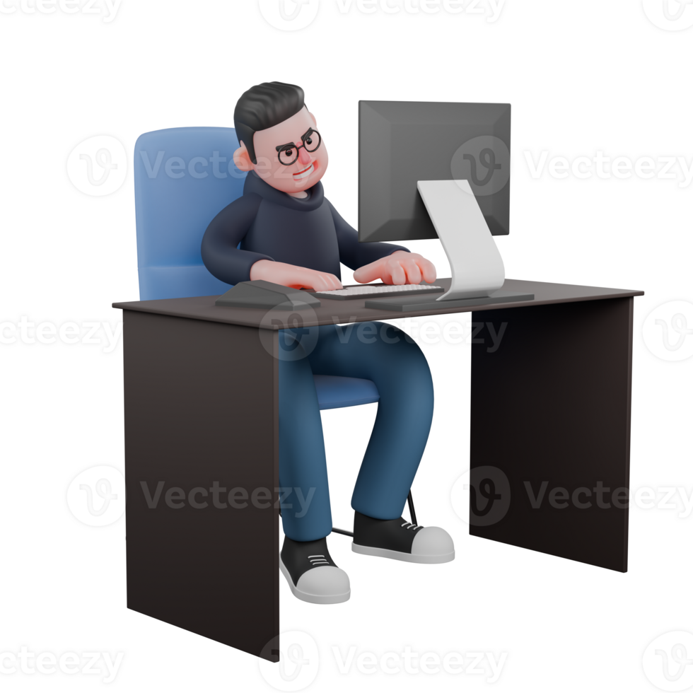 Male Programmer 3D Cartoon. A male programmer is sitting on his desk chair while operating a computer. Professional Tech png
