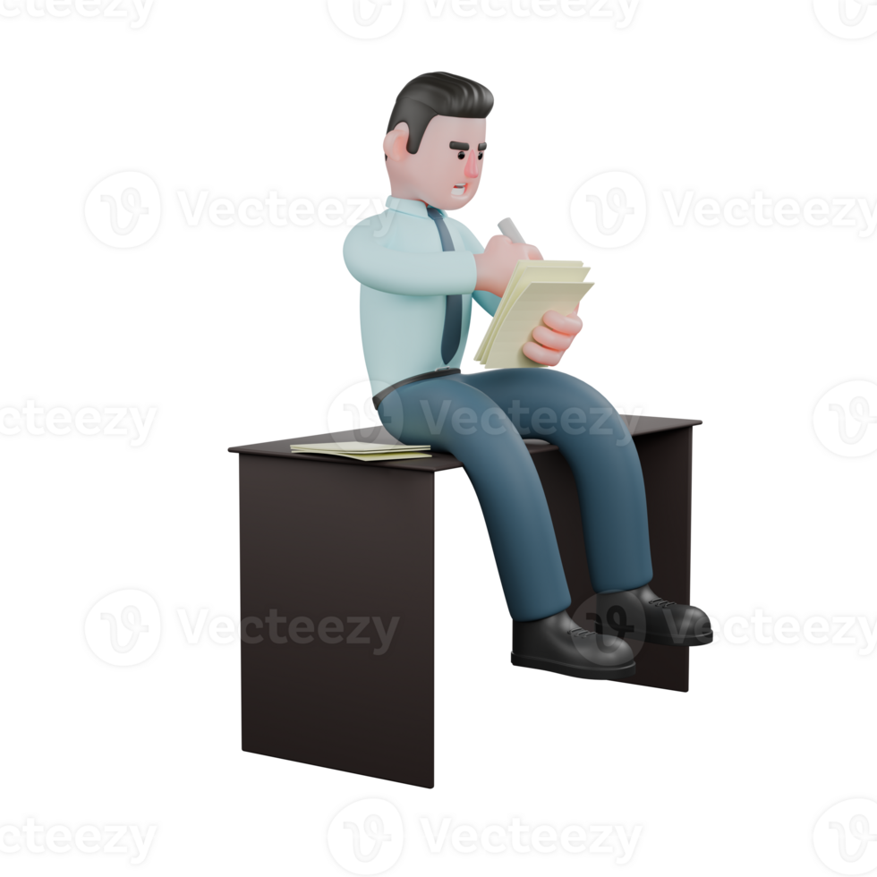 Male Financial Analyst 3D Model. A male financial analyst sits on a table with his left hand holding several sheets of paper and his right hand holding a marker. Stock Market Environment png