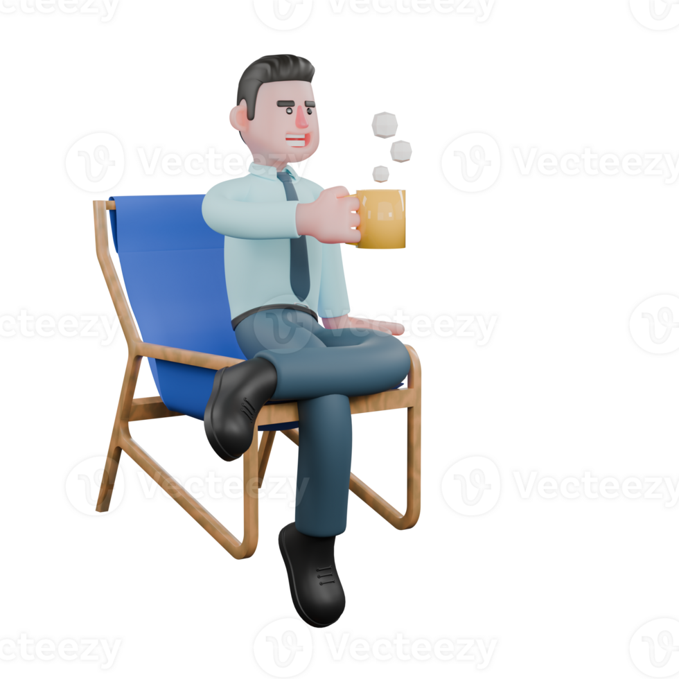 3D Illustrated of Male Financial Analyst. A male financial analyst sits on a chair with his left leg on top of his right leg and his right hand holding a cup of coffee. Investment Strategy Specialist png