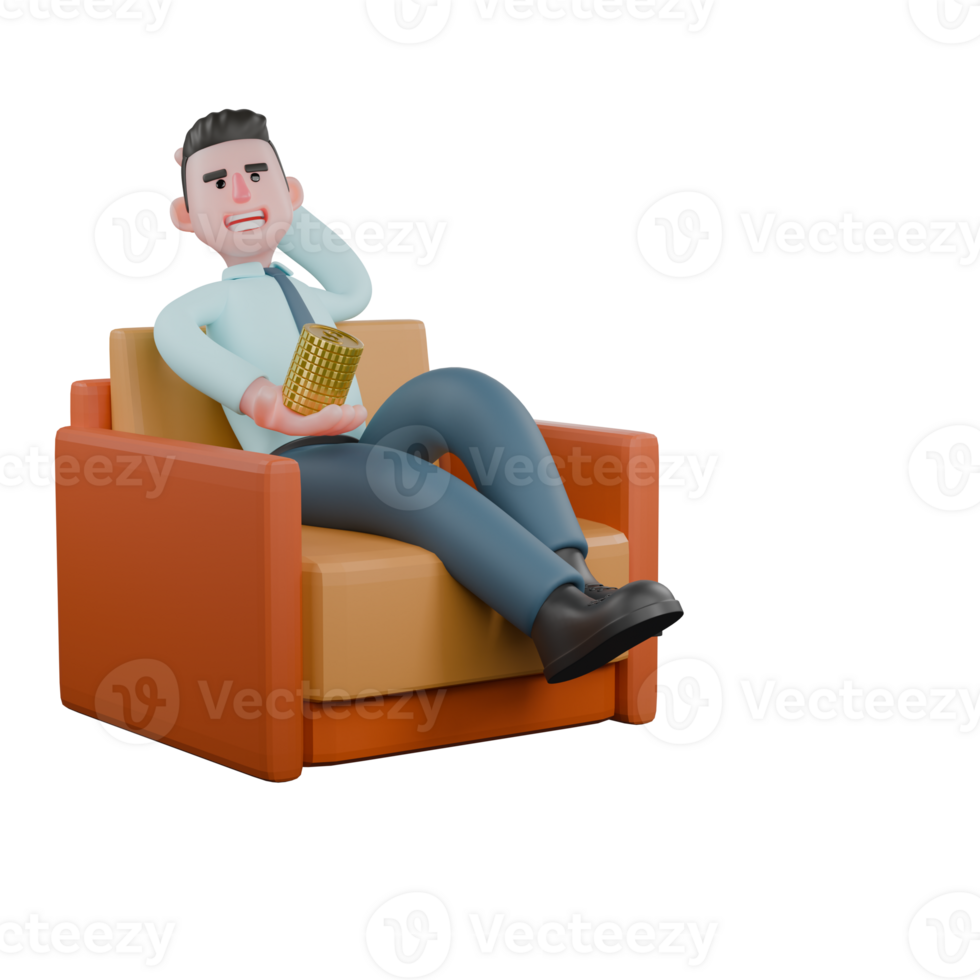 Professional Financial Analyst 3D Cartoon. A male financial analyst sits relaxed on a sofa with his right hand holding a stack of coins while his left hand is behind his head. Male Budget Forecaster png
