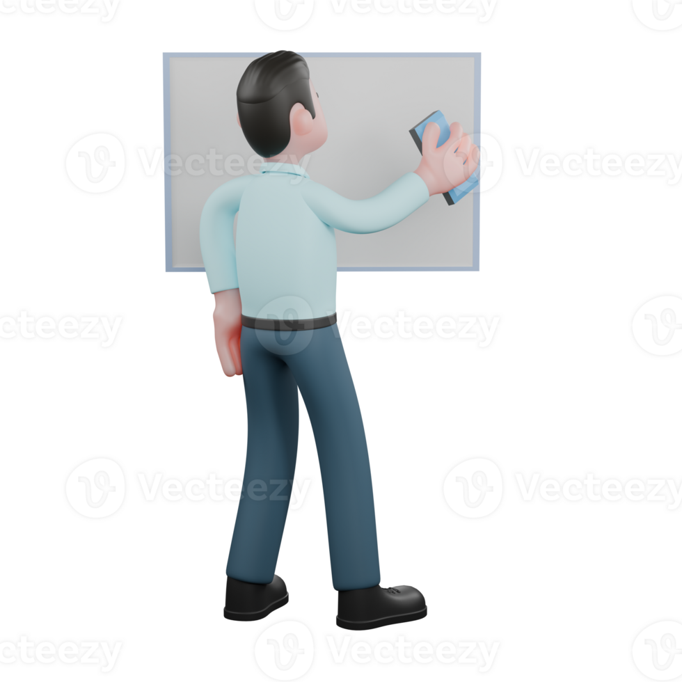 3D Professional Financial Analyst Character. A male financial analyst stands in front of a whiteboard with his right hand holding a whiteboard eraser. Male Stock Analyst png