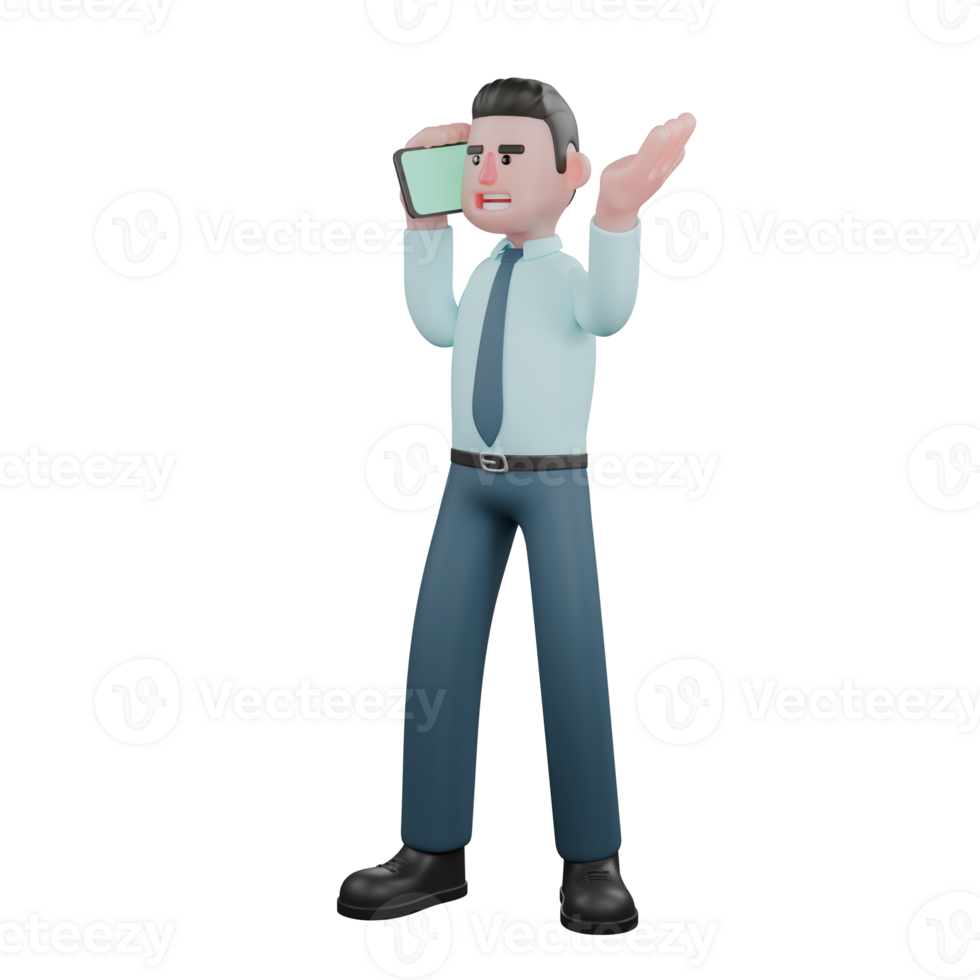 Animated Male Financial Analyst. A male financial analyst stands with his right hand holding a cellphone and his left hand raised upwards with the palm facing upwards. 3D Fiscal Professional png