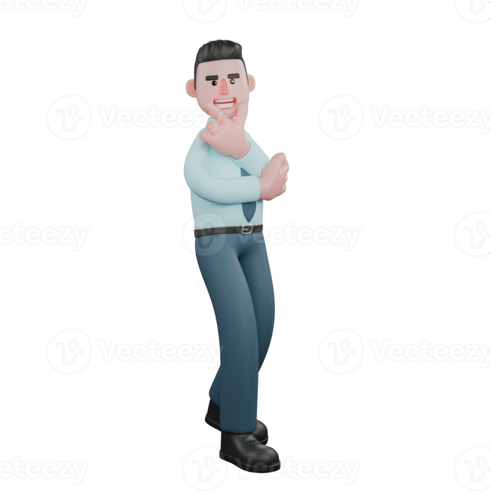 of Male Financial Analyst 3D. A male financial analyst stands with his left finger forming a gun symbol in front of his lips while his right palm holds the elbow of his left hand. Economic Services png