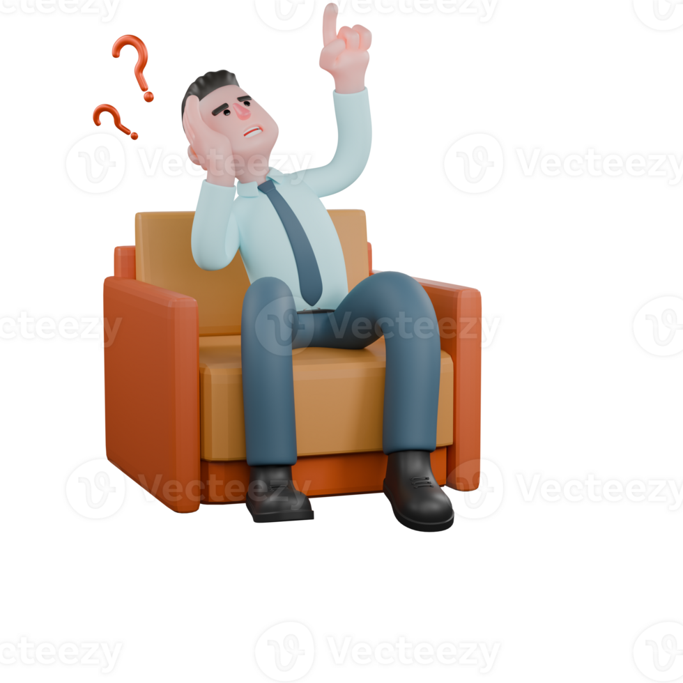 3D Male Financial Analyst at Desk. A male financial analyst sits on a sofa with his left hand pointing upwards and his right hand on his head with a question mark symbol next to his head. png