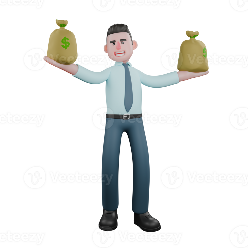 Professional Male in Finance. A male financial analyst is standing with both hands stretched to the right and left while each carries a money bag. 3D Analyst Cartoon png