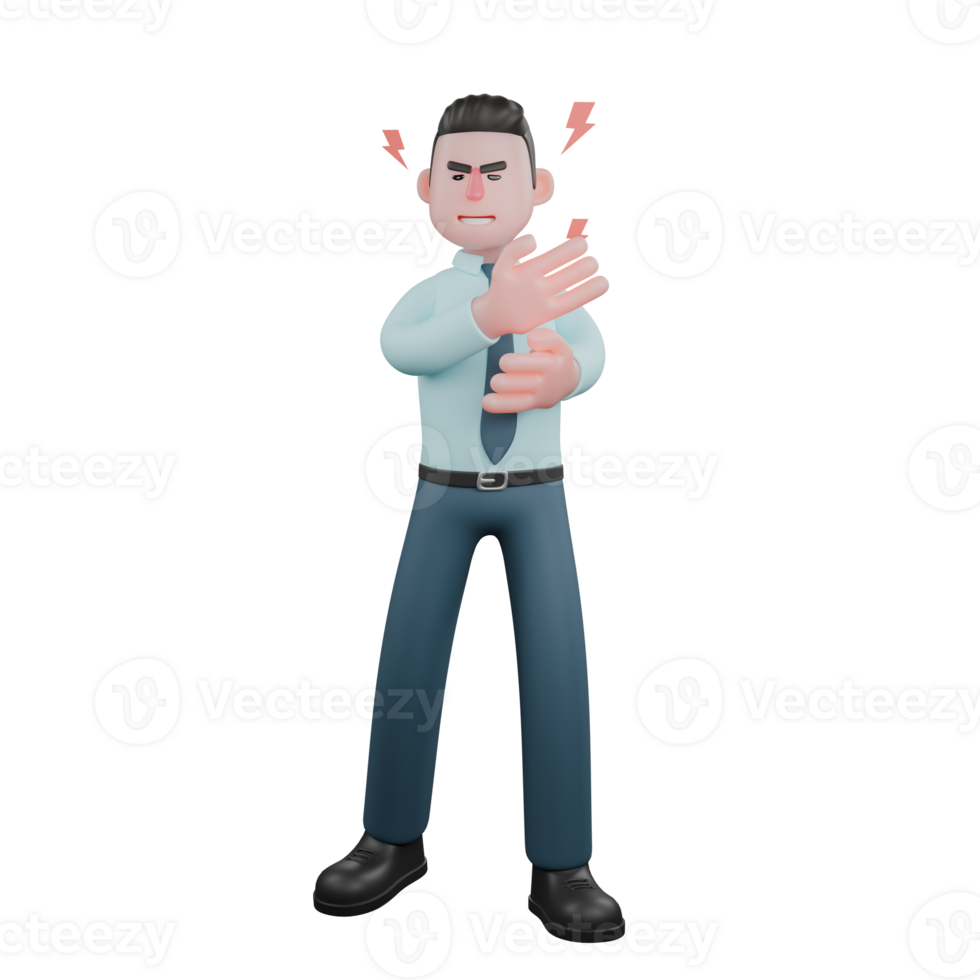 Male Financial Analyst in Market Setting. A male financial analyst is standing with both palms open in front of his chest. 3D Character png