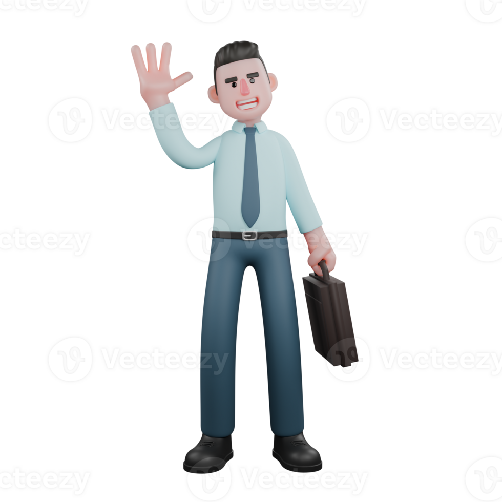Male Financial Analyst Professional Character. A male financial analyst stands with his left hand holding a briefcase while his right hand waves as if greeting. 3D Illustrated png