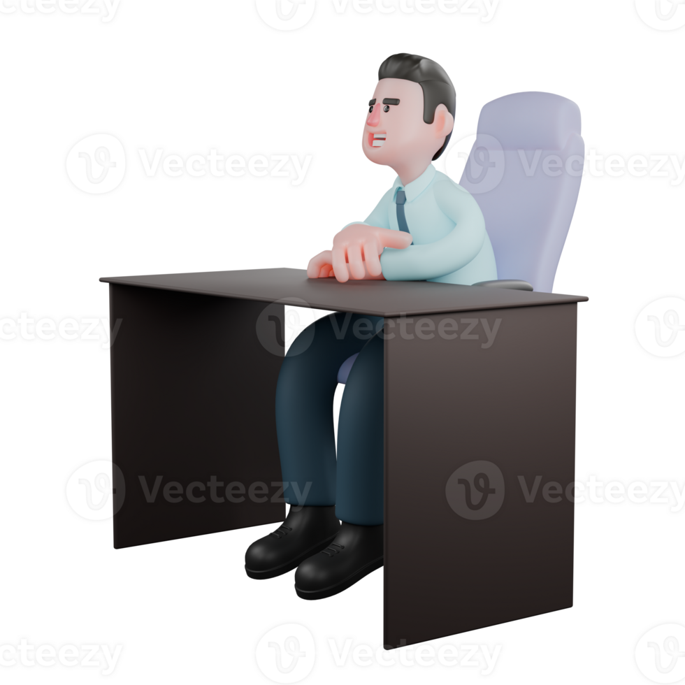 Professional Financial Analyst in 3D. A male financial analyst sits behind a desk facing right with both hands stacked on the desk. Male png
